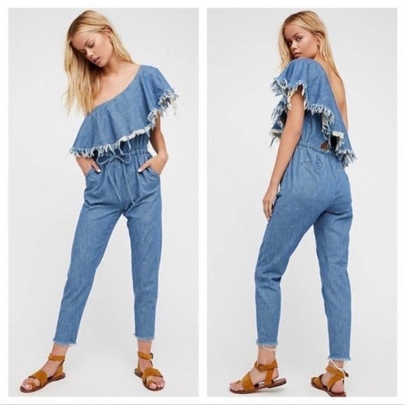 Blank NYC Making Waves Cotton Jumpsuit XS Frayed One Shoulder Back Cutout Pants - Picture 16 of 16